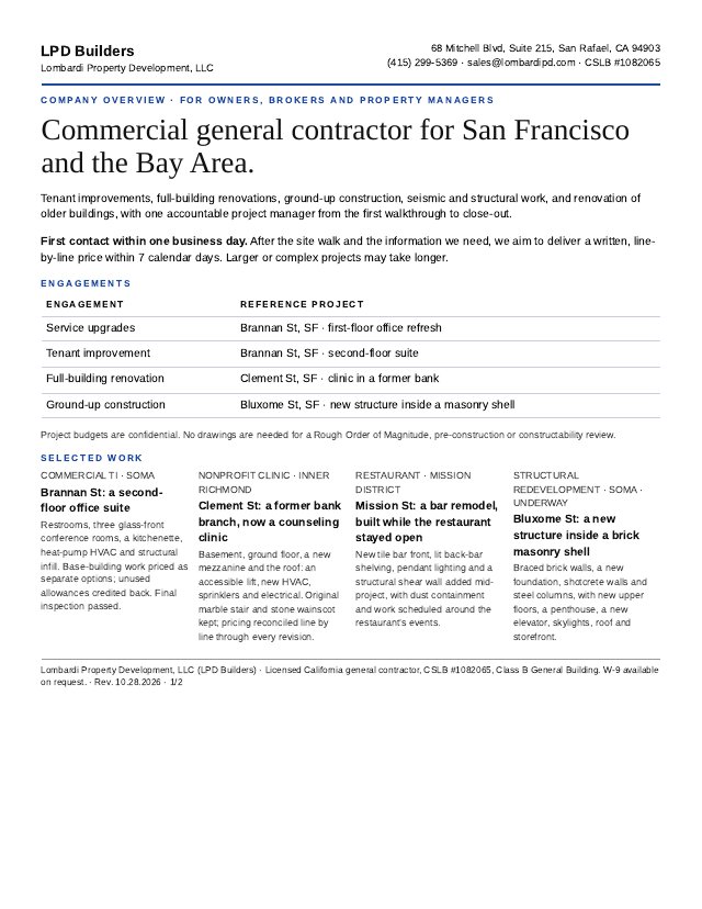 Page one of the LPD Builders company overview
