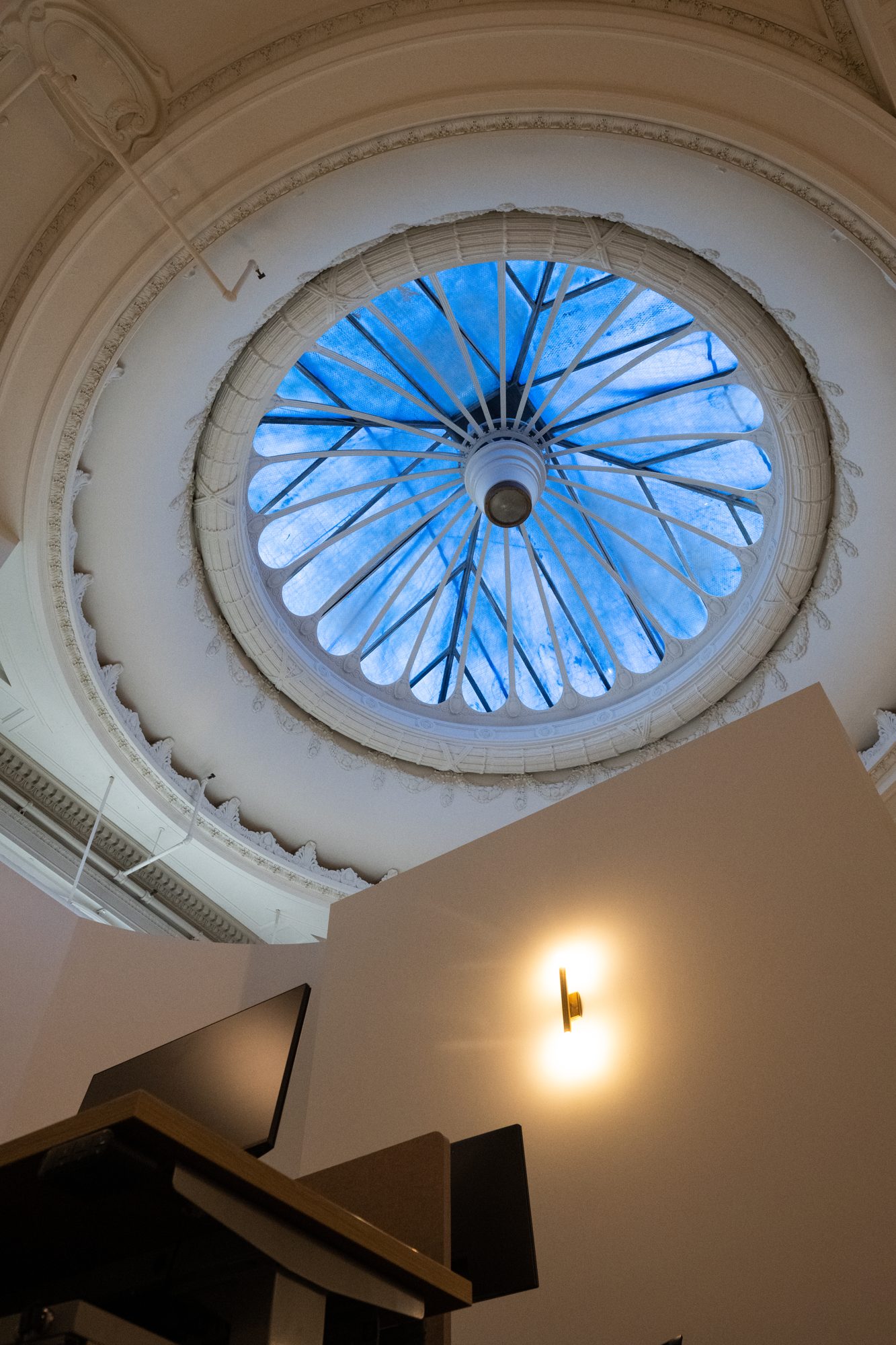 The dome skylight from below, with the original plaster ring kept